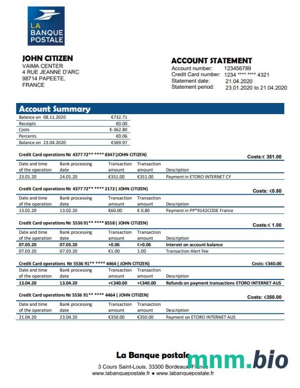 Wyciąg bankowy France La Banque Postale łatwy do wypełnienia szablon .xls i .format pliku pdf